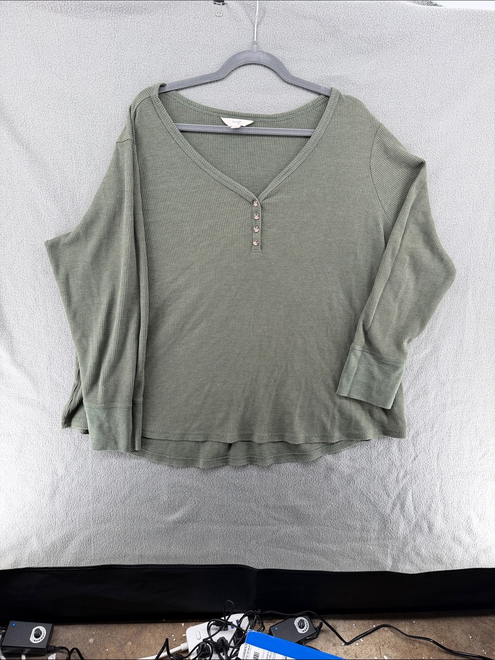 Terra & Sky Olive Green Waffle Henley Long Sleeve Top